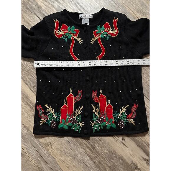 Vtg Studio Collection Christmas Holiday Sweater Cardigan Y2K Size Small Candles - Picture 4 of 9